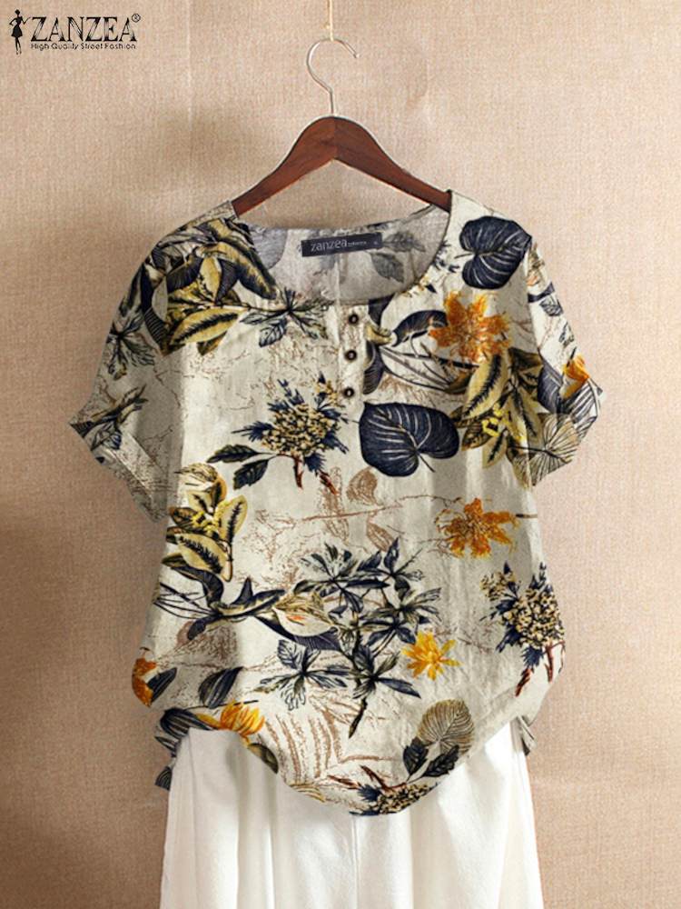 Romper Floral Print - ZANZEA Damska bawełniana koszula Moda Kwiatowe